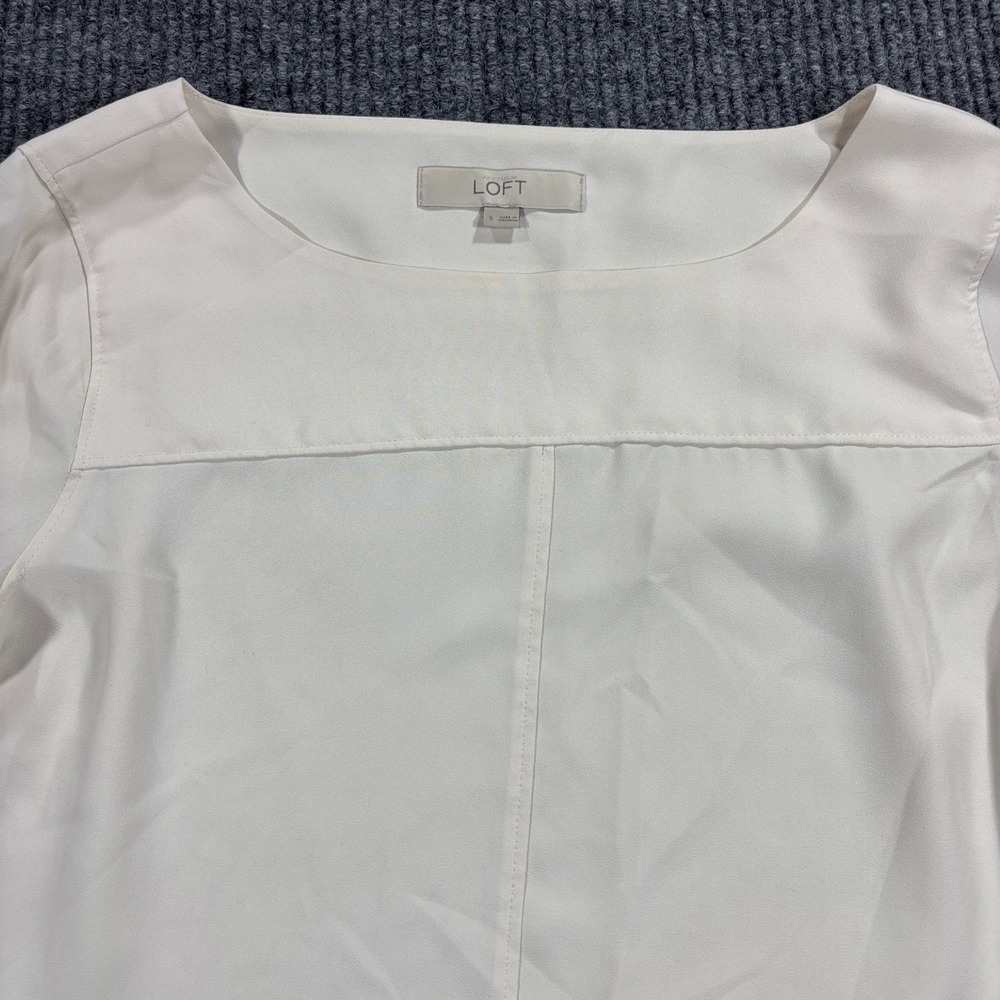 Ann Taylor LOFT Blouse Women Size S Ivory‎ Long Sleeve Roll Tab Boat Neck